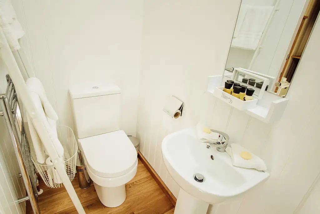 Bathroom inside a shepherd's hut with toilet and sink