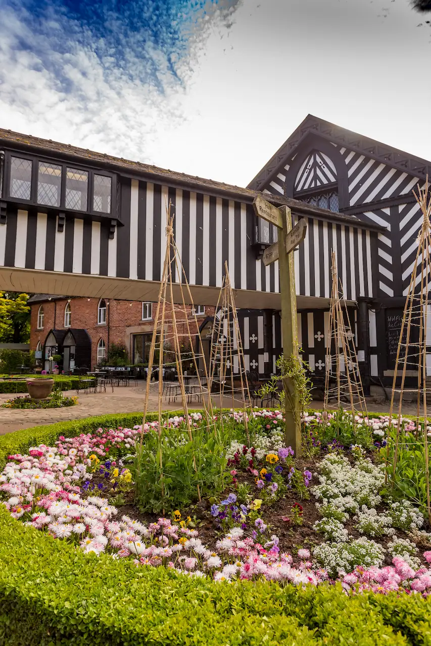 Samlesbury Hall stately home with beautiful gardens outside