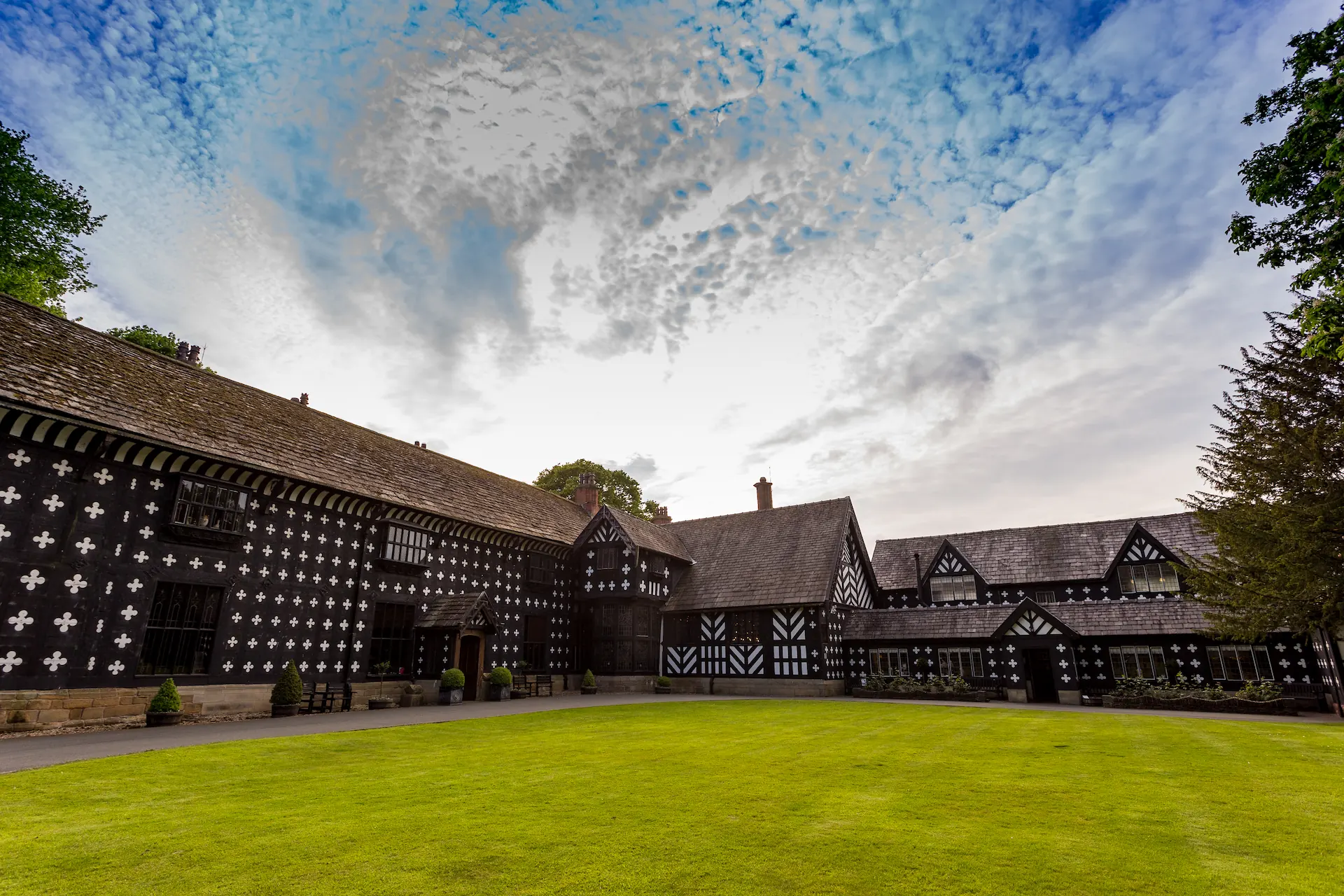 Exterior of Samlesbury Hall and lawn