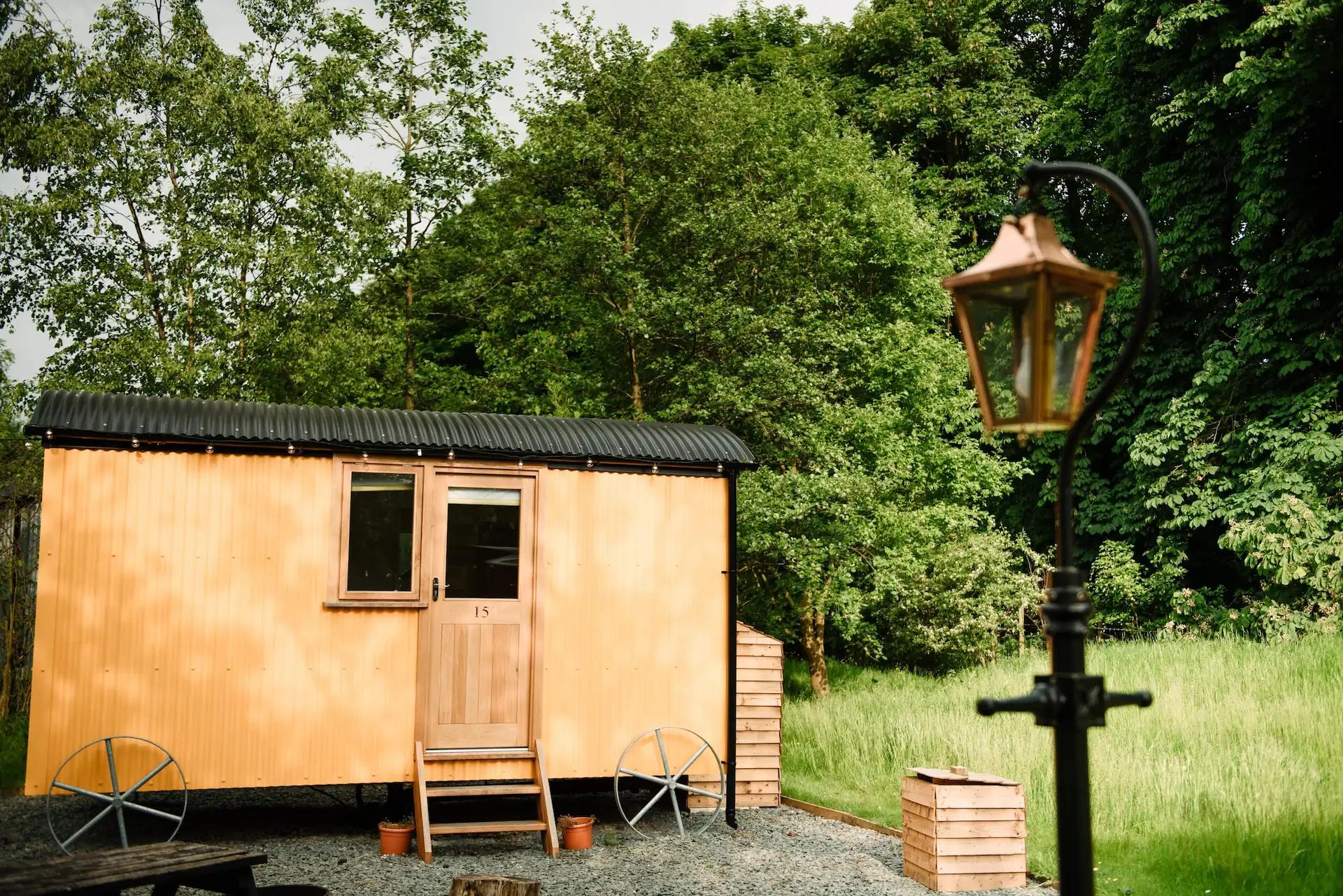 Wooden shepherd's hut with trees and grass lawn
