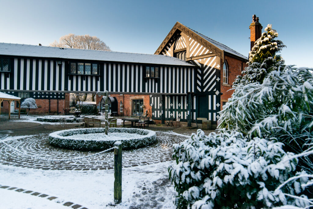 Samlesbury Hall in Lancashire in the snow